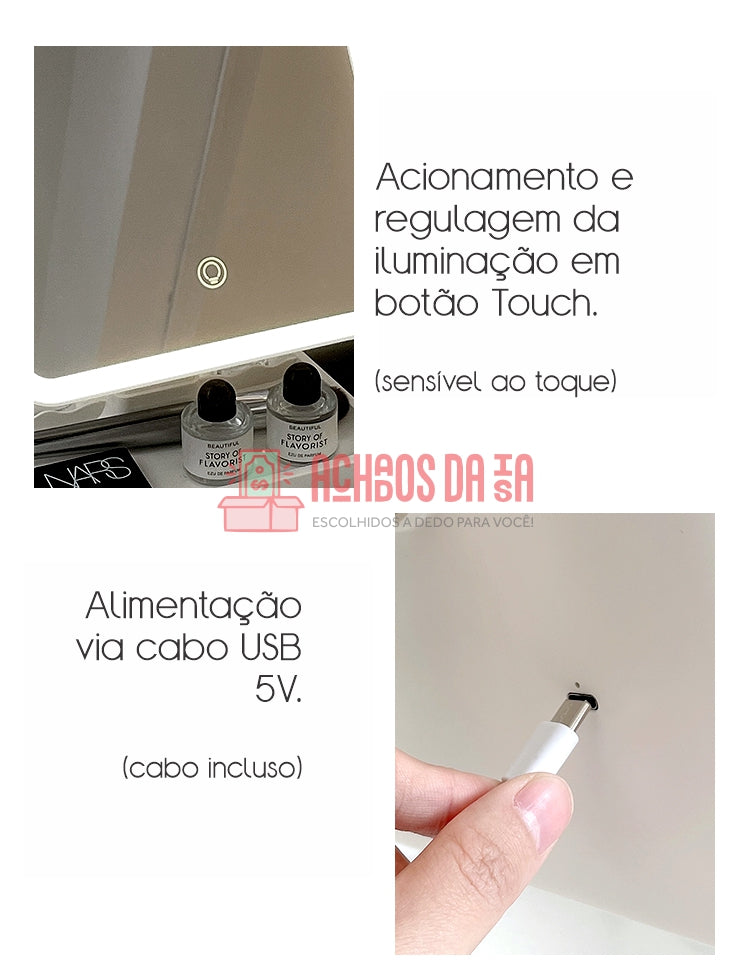 Espelho Dobrável Para Maquiagem com iluminação em LED e botão Touch